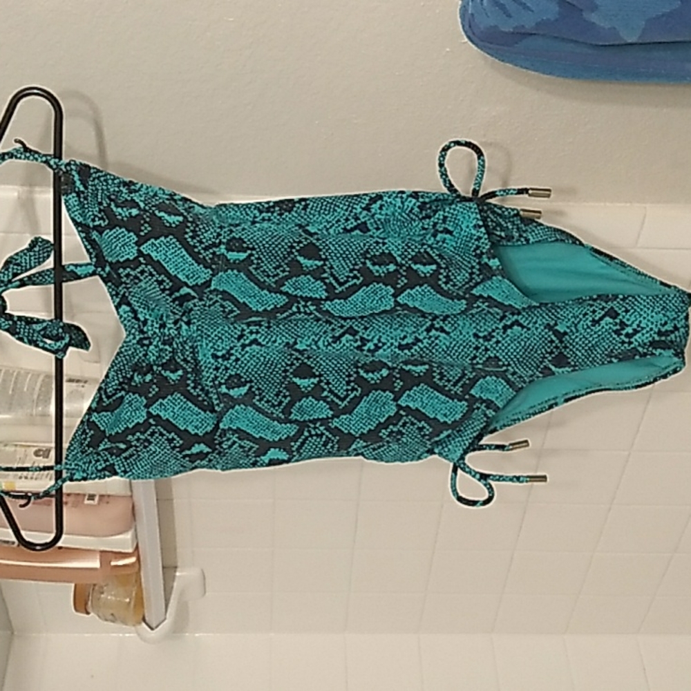 No Boundaries Teal Turquoise Snake Animal Print One Peice Swimsuit with ties